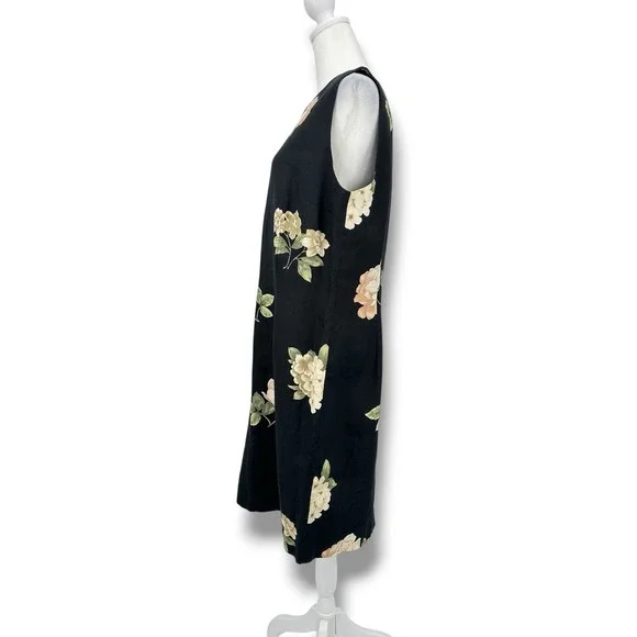 VTG 90s Ellen Tracy 100% Linen Dress 12 Black Floral Sheath Classic Cottagecore - Picture 2 of 14